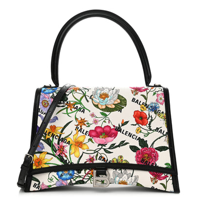 Balenciaga X GUCCI Canvas Boarded Plutone Calfskin Flora Logo Print Medium Hourglass Top Handle Bag White Multicolor Black 1 of 14