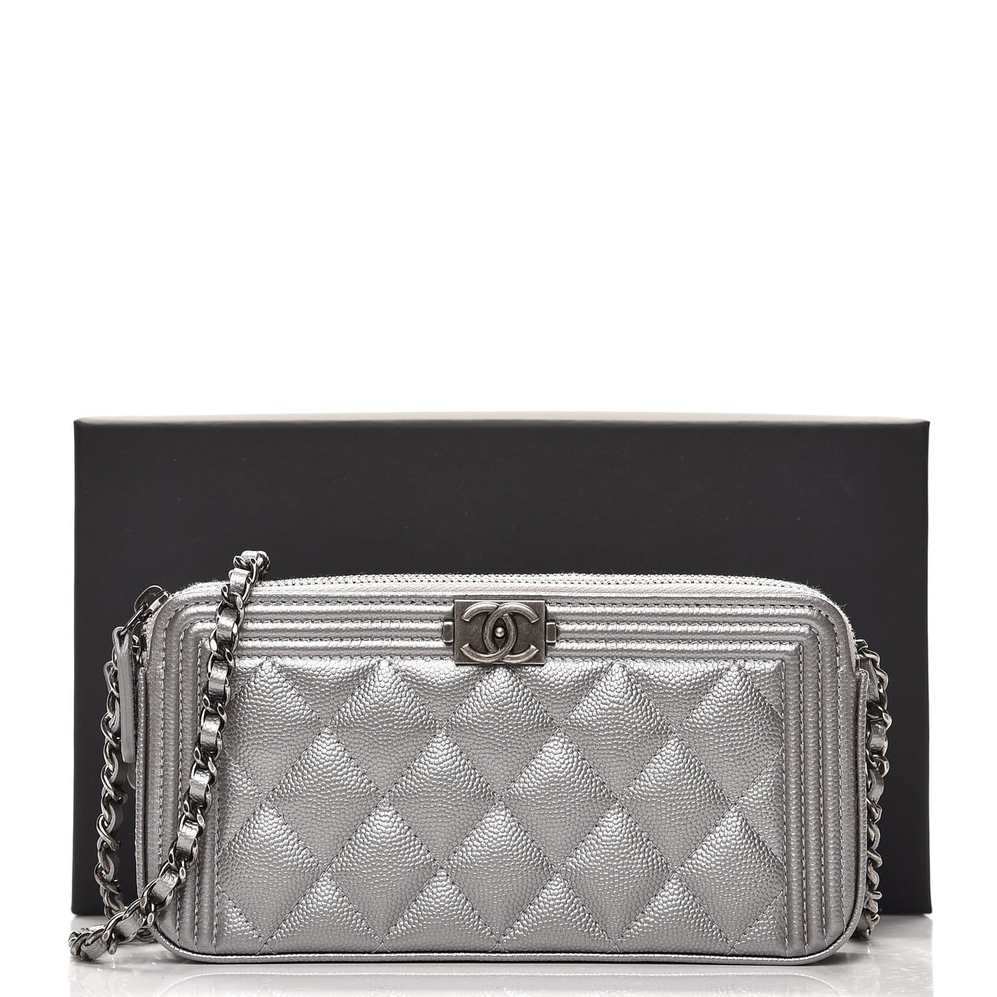 Metallic Caviar Quilted Small Boy Clutch With Chain Silver