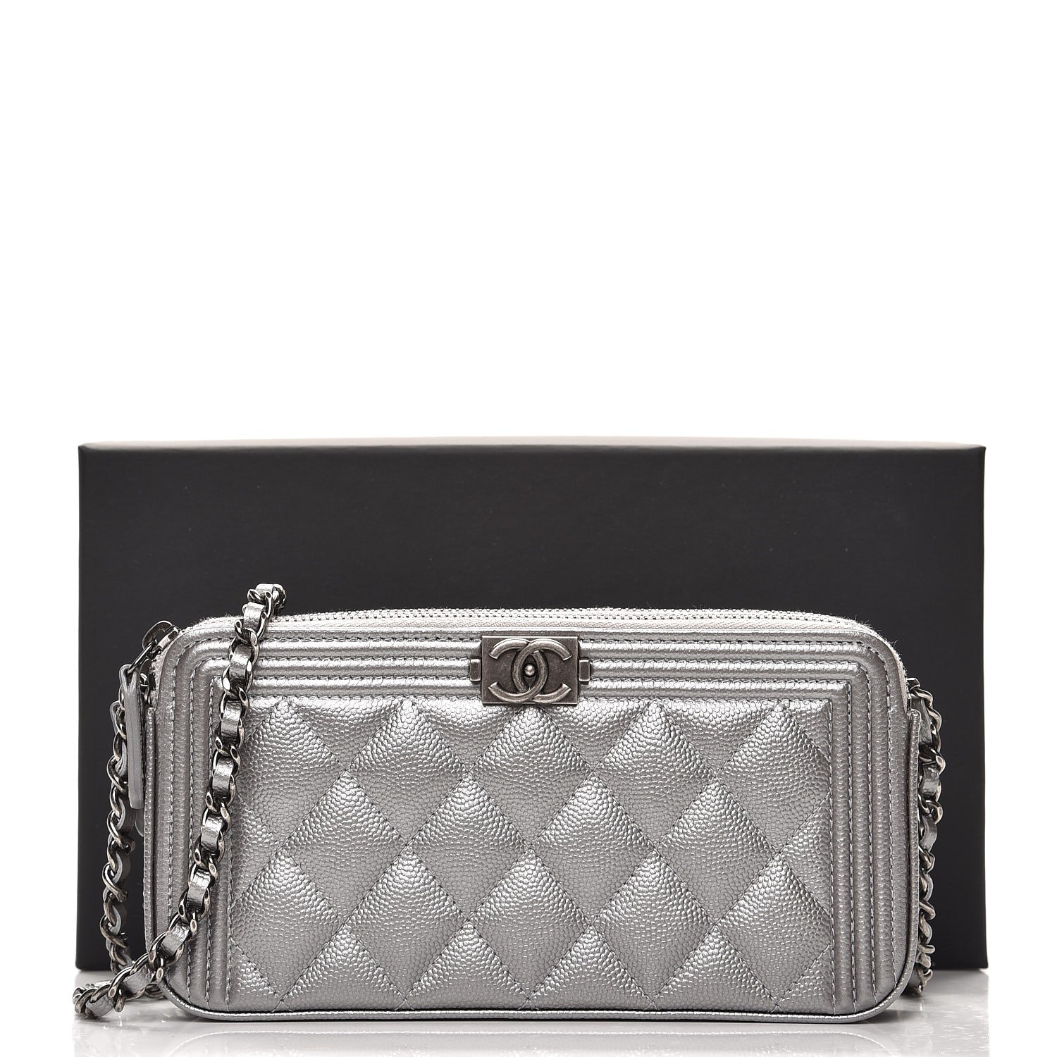 Chanel Metallic Caviar Quilted Small Boy Clutch With Chain Silver 9 of 9