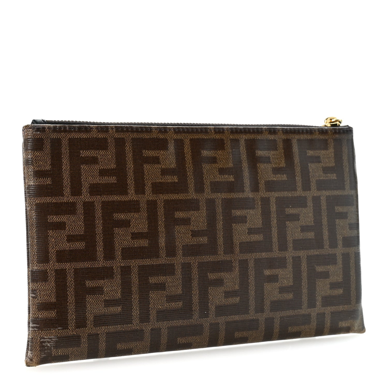Fendi Glazed Fabric Vitello Century FF 1974 Stamp Patch Small FFreedom Flat Pouch Mogano Panna Black 3 of 8