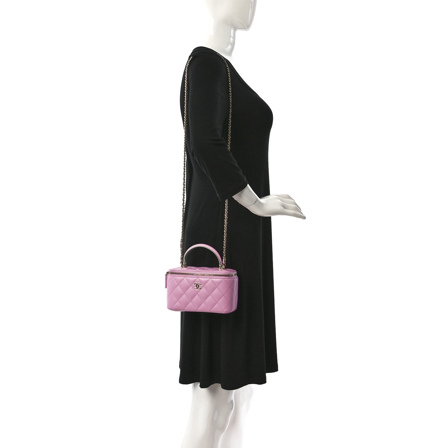 Lambskin Quilted Small Top Handle Vanity Case With Chain Lilac Light Green