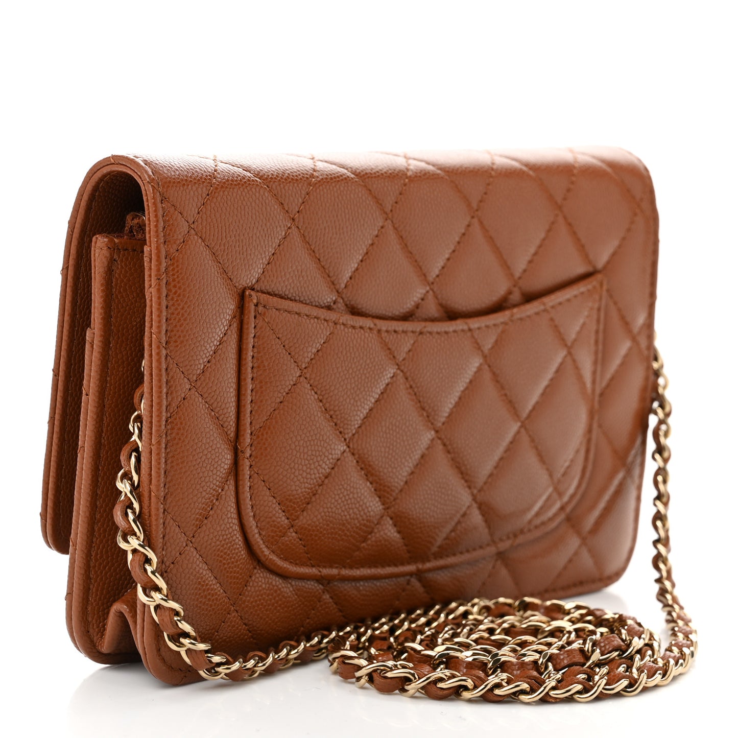 Shiny Caviar Quilted Strass Wallet On Chain WOC Light Brown