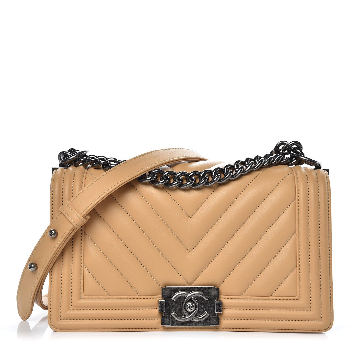 Lambskin Chevron Quilted Medium Boy Flap Beige