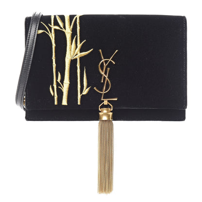 Saint Laurent Velvet Embroidered Bamboo Monogram Kate Chain Wallet Black 1 of 16