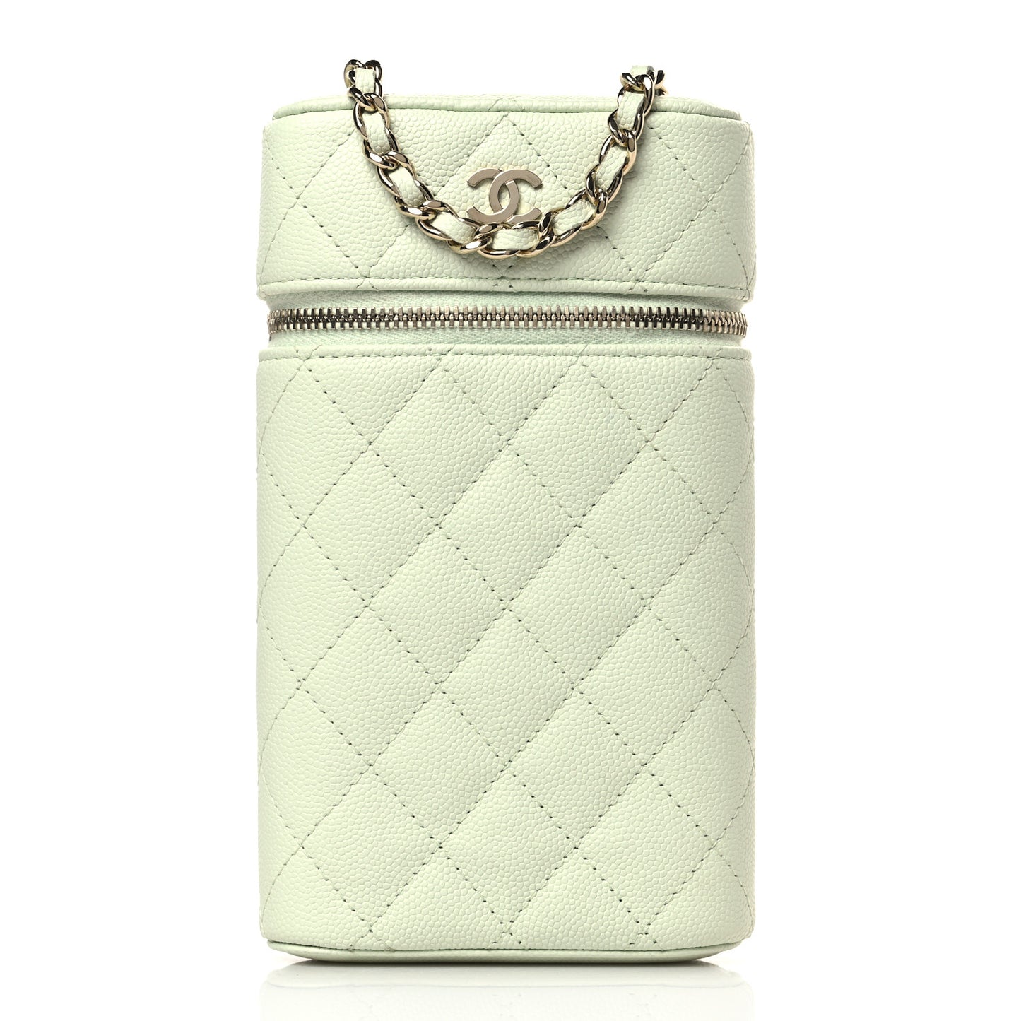 Caviar Quilted Phone Holder With Chain Light Green