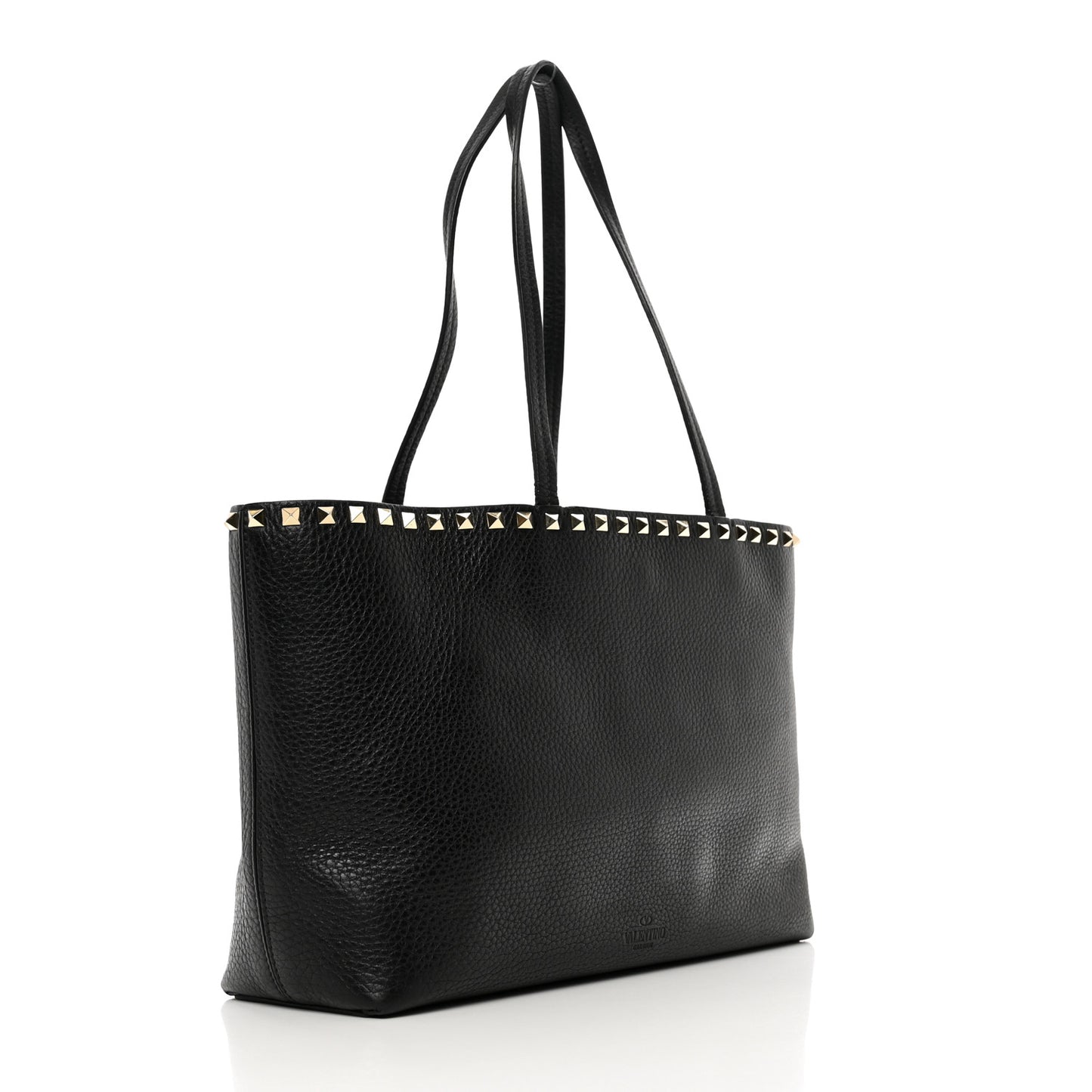 Grained Calfskin Small Rockstud Shoulder Tote Black