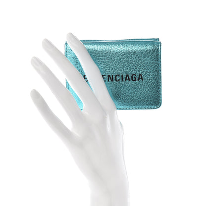 Balenciaga Metallic Goatskin Logo Mini Everyday Wallet Turquoise Black 2 of 7