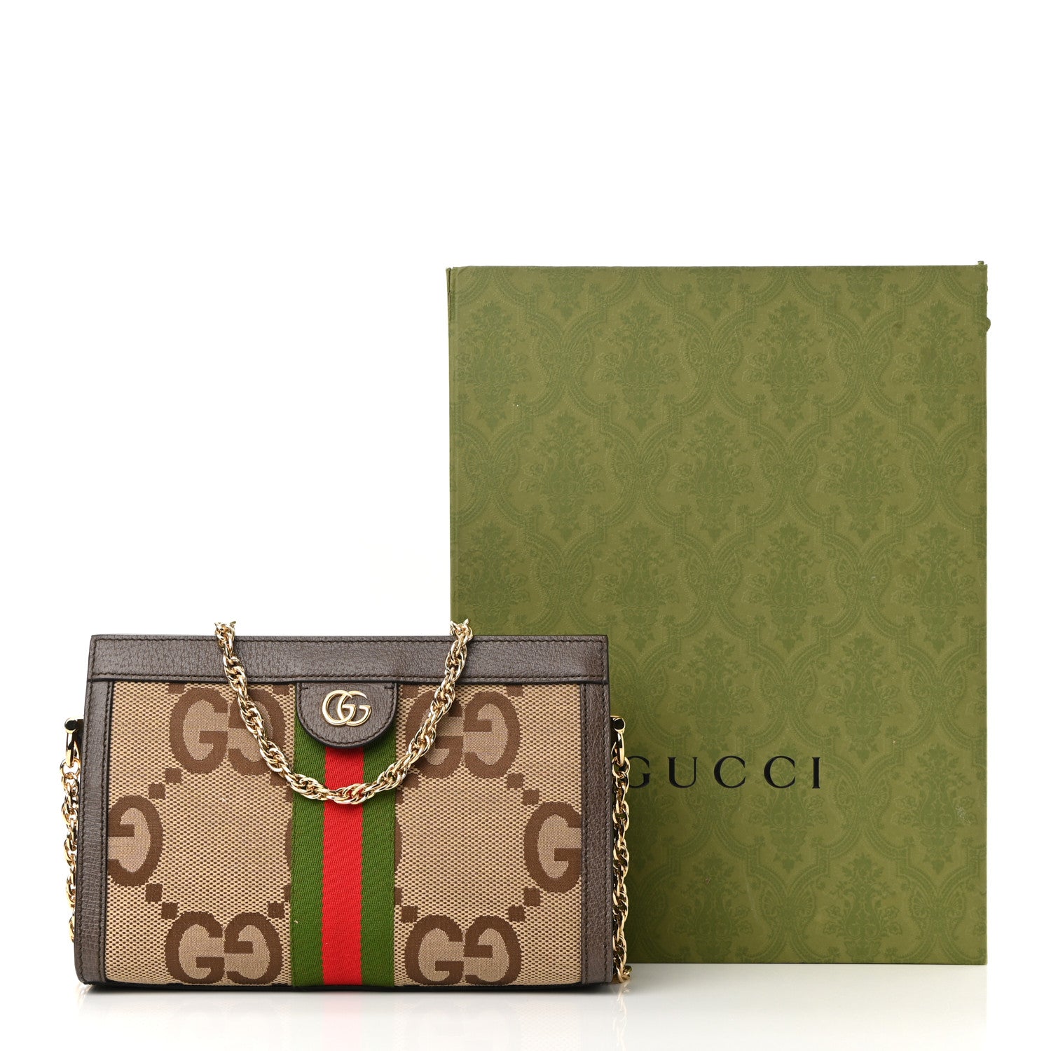 Gucci Monogram Jumbo GG Textured Dollar Calfskin Web Small Ophidia Chain Shoulder Bag Camel Ebony New Acero 11 of 11