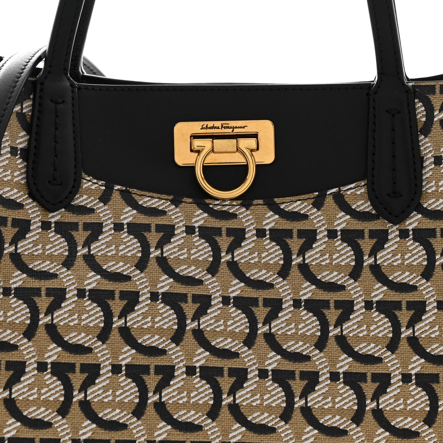 Salvatore Ferragamo Canvas Calfskin Gancini Tote Sand Black 8 of 11