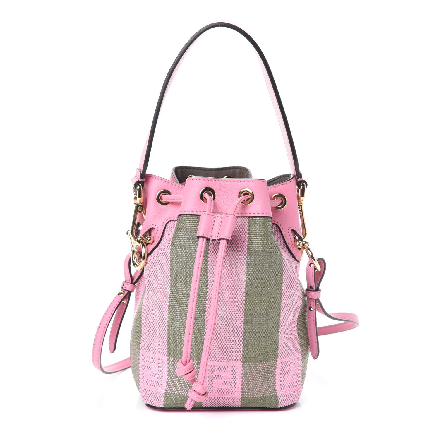 Fendi Raffia Vitello Seta F is Fendi Pequin Gingham Woven Mini Mon Tresor Bucket Bag Military Rosa Lollypop 1 of 9