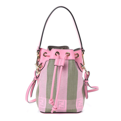 Fendi Raffia Vitello Seta F is Fendi Pequin Gingham Woven Mini Mon Tresor Bucket Bag Military Rosa Lollypop 1 of 9