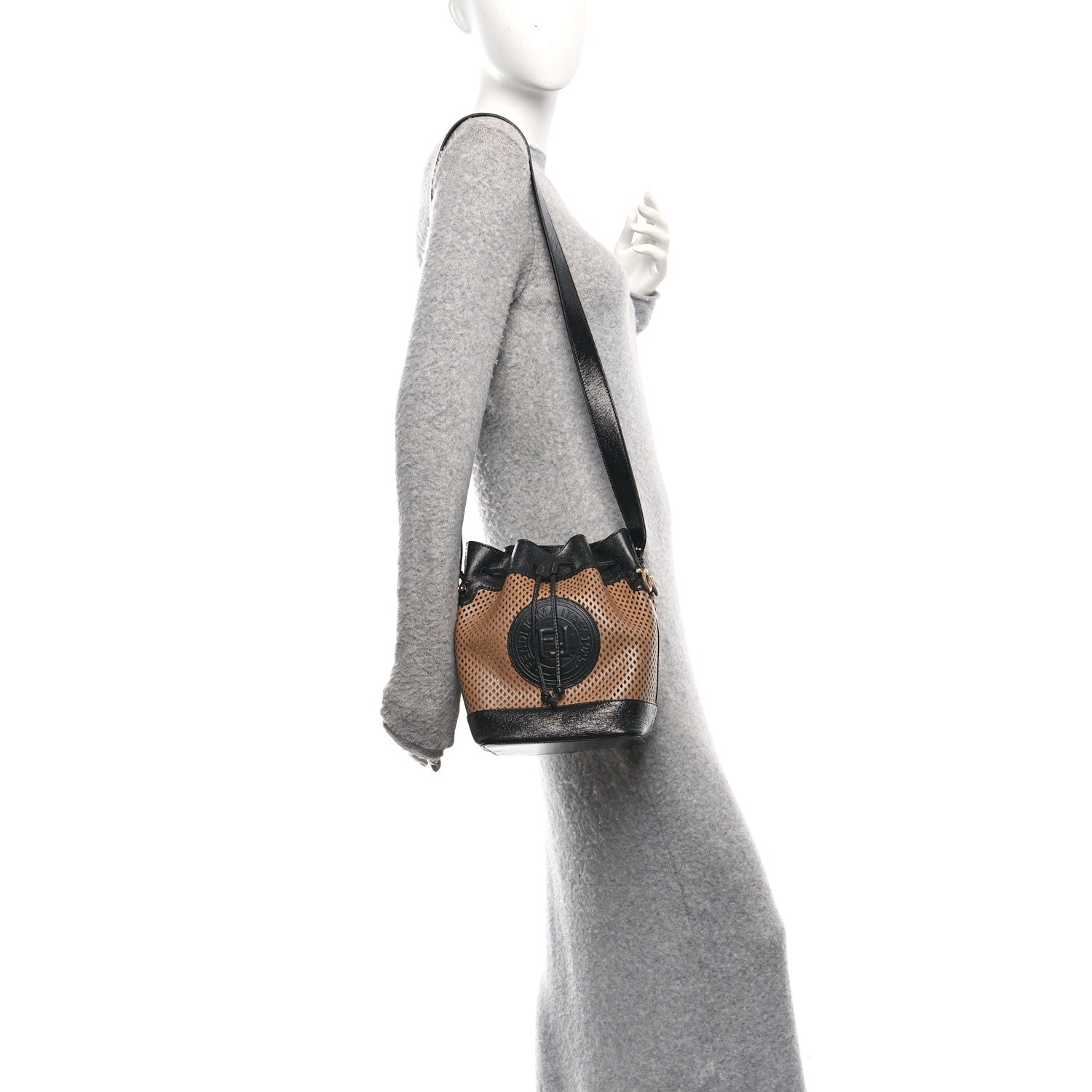 Fendi Vitello Liberty Glossy Lambskin F is Fendi Perforated Small Mon Tresor Bucket Bag Sand Mimosa Black 2 of 10