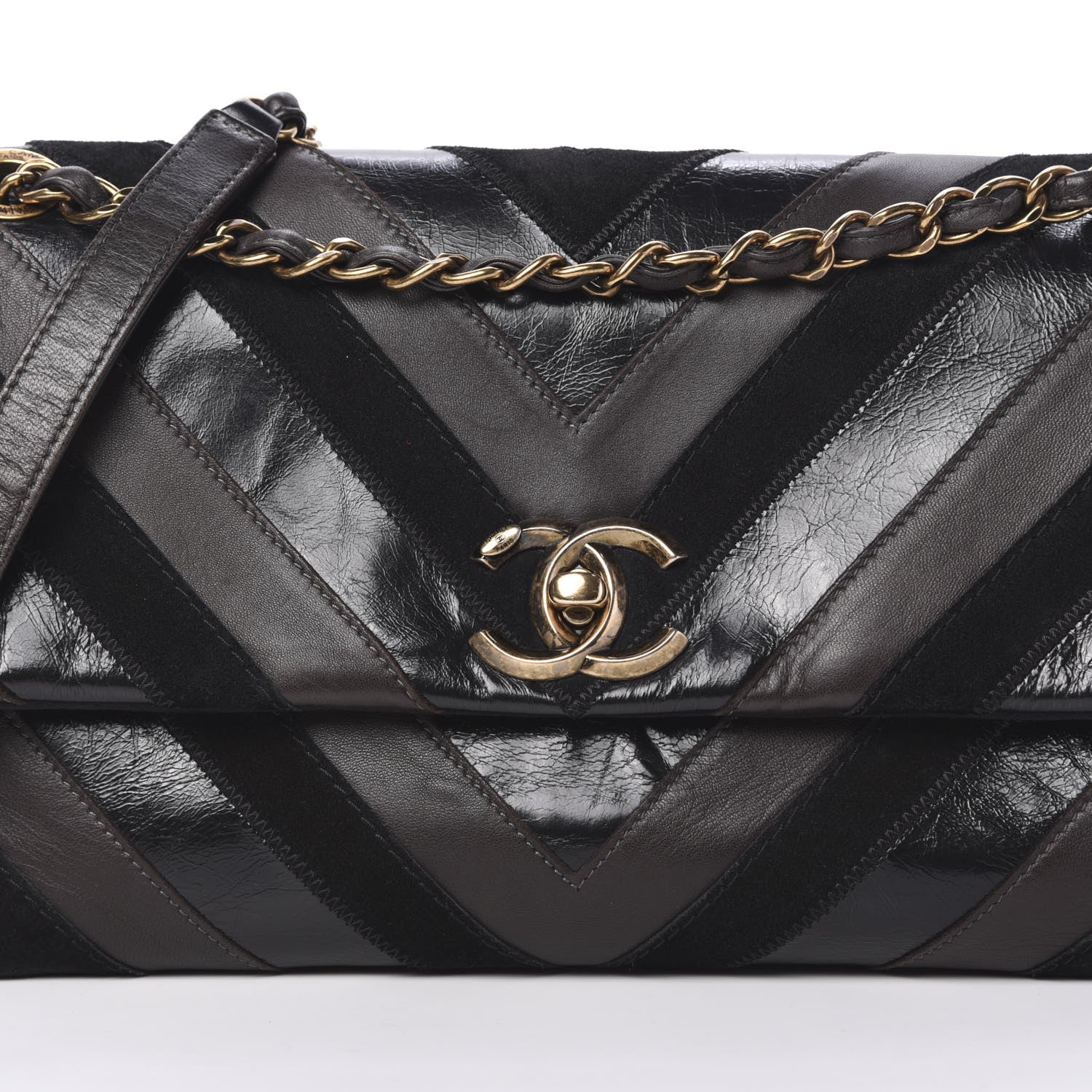 Chanel Suede Lambskin Glazed Calfskin Lady Vintage Chevron Flap Black Brown 7 of 16