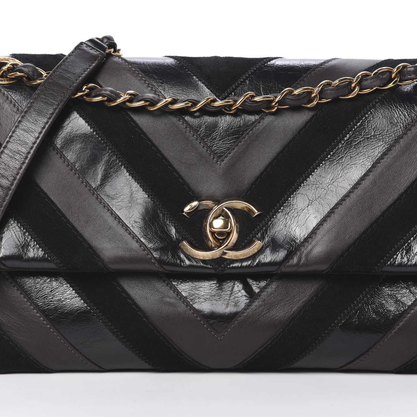 Suede Lambskin Glazed Calfskin Lady Vintage Chevron Flap Black Brown