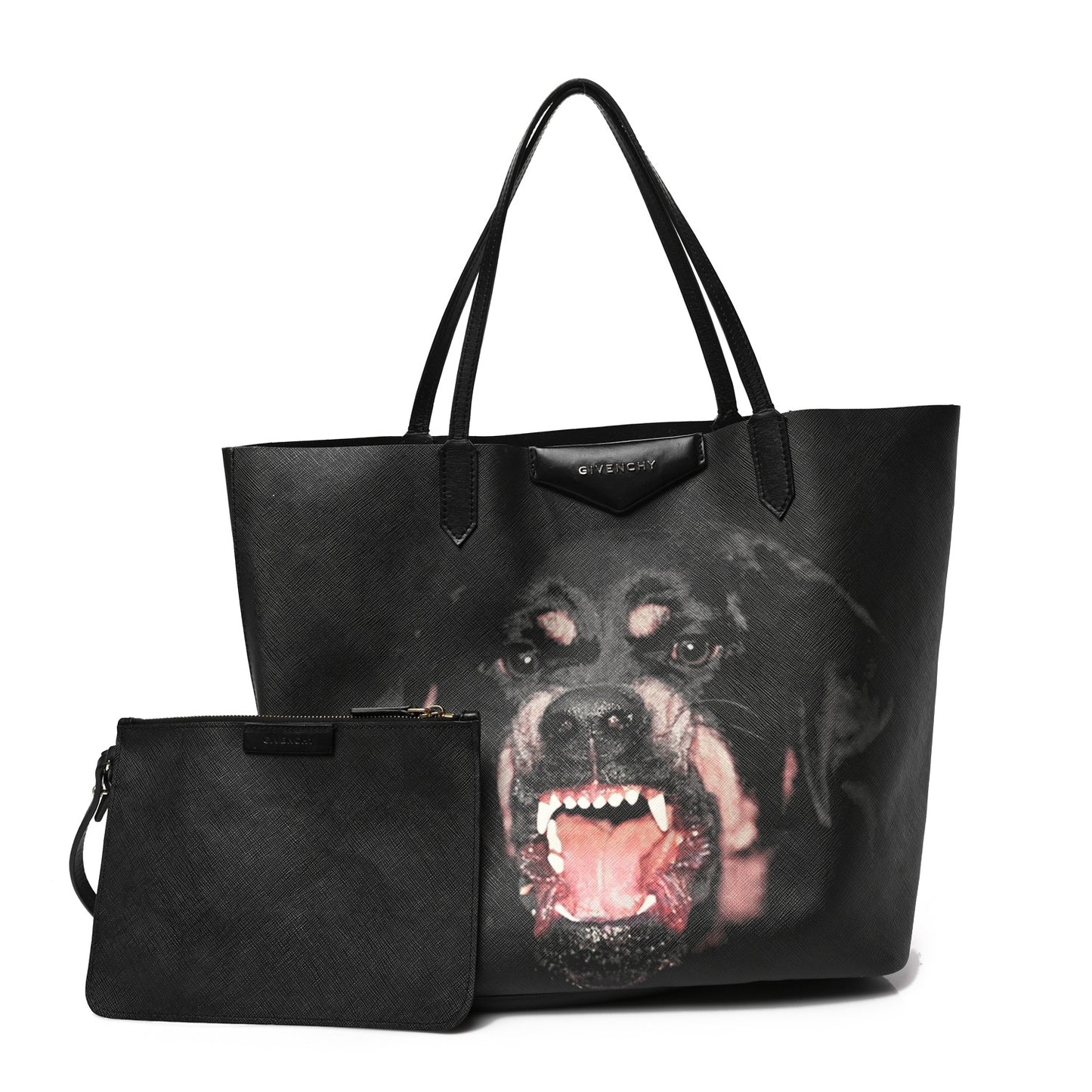 Textured Coated Canvas Rottweiler Print Antigona Tote Black
