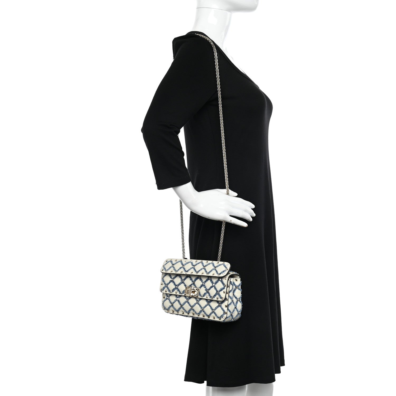 Valentino Garavani Nappa Denim Quilted Rockstud Medium Spike Shoulder Bag Ivory Blue 2 of 12