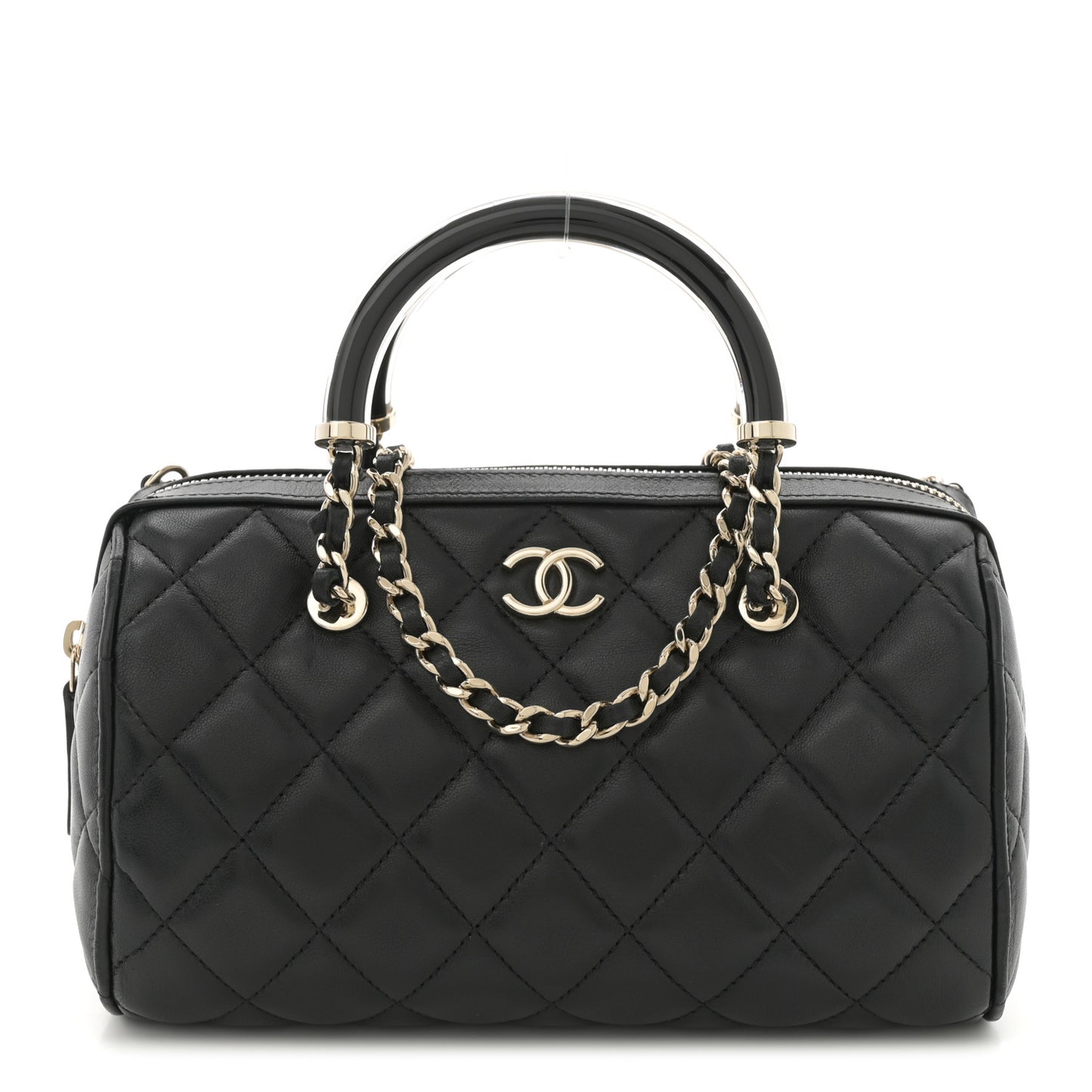 Lambskin Quilted Mini Bowling Bag Black