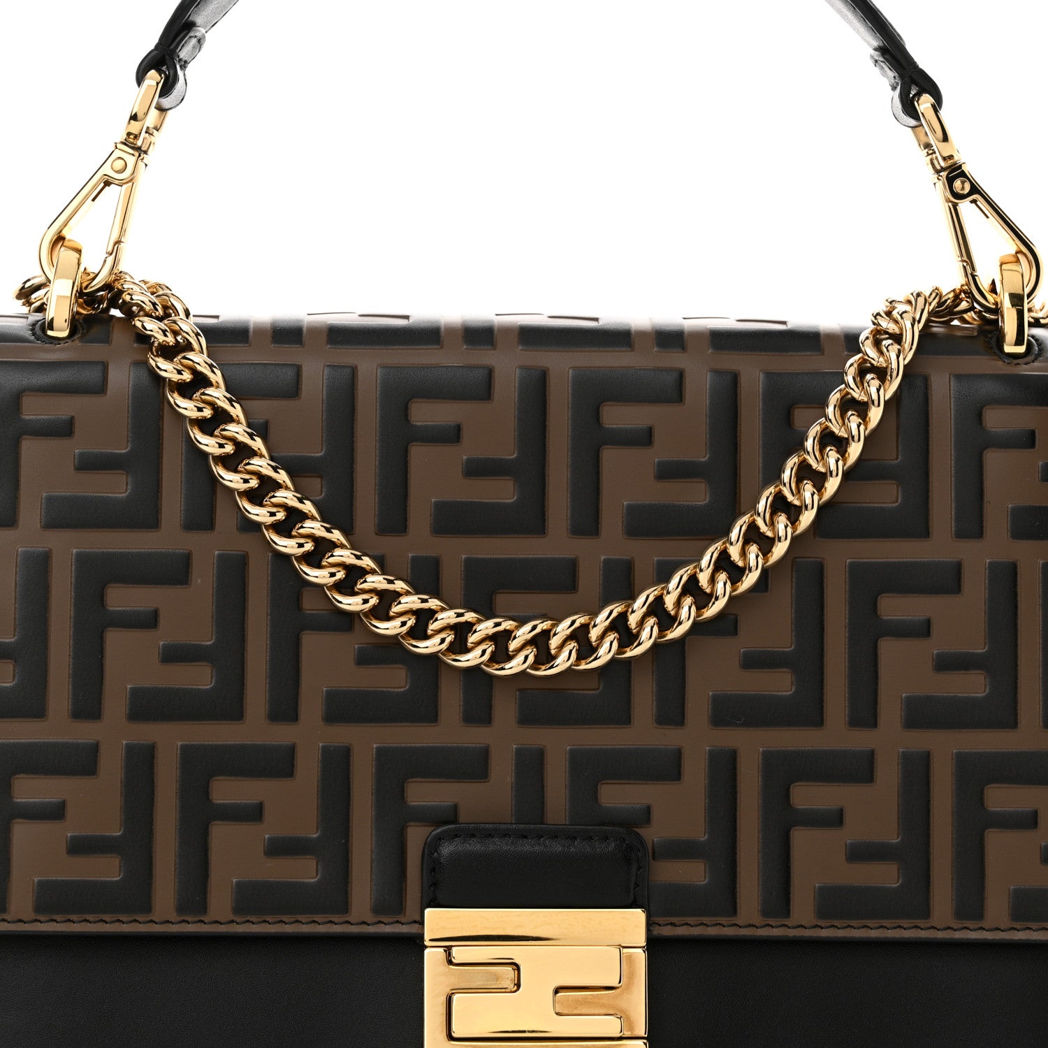 Fendi Vitello Liberty Bi-Color FF 1974 Embossed Chain Strap Kan U Shoulder Bag Black Maya 9 of 12