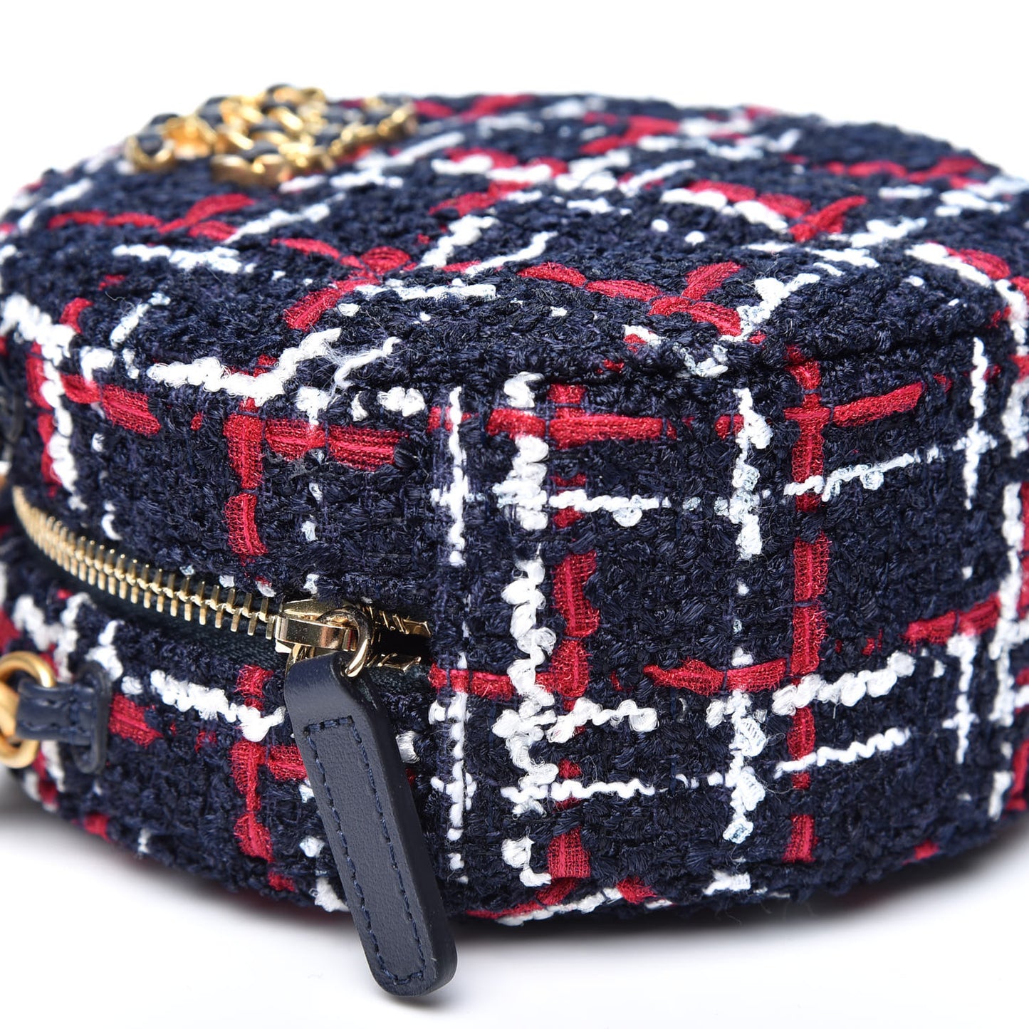 Tweed Quilted Chanel 19 Round Clutch With Chain Blue White Red