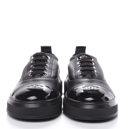 Chanel Lambskin Patent Cap Toe Lace Up Sneakers 38.5 Black 2 of 8