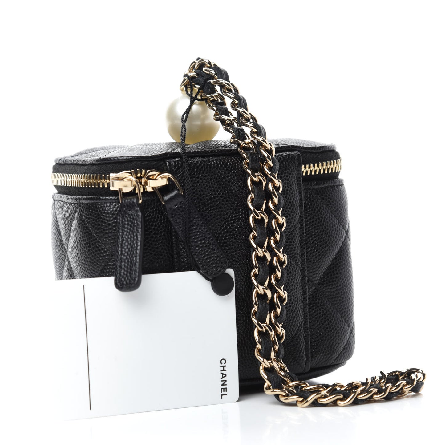 Caviar Quilted Mini Pearl On Top Vanity Case With Chain Black