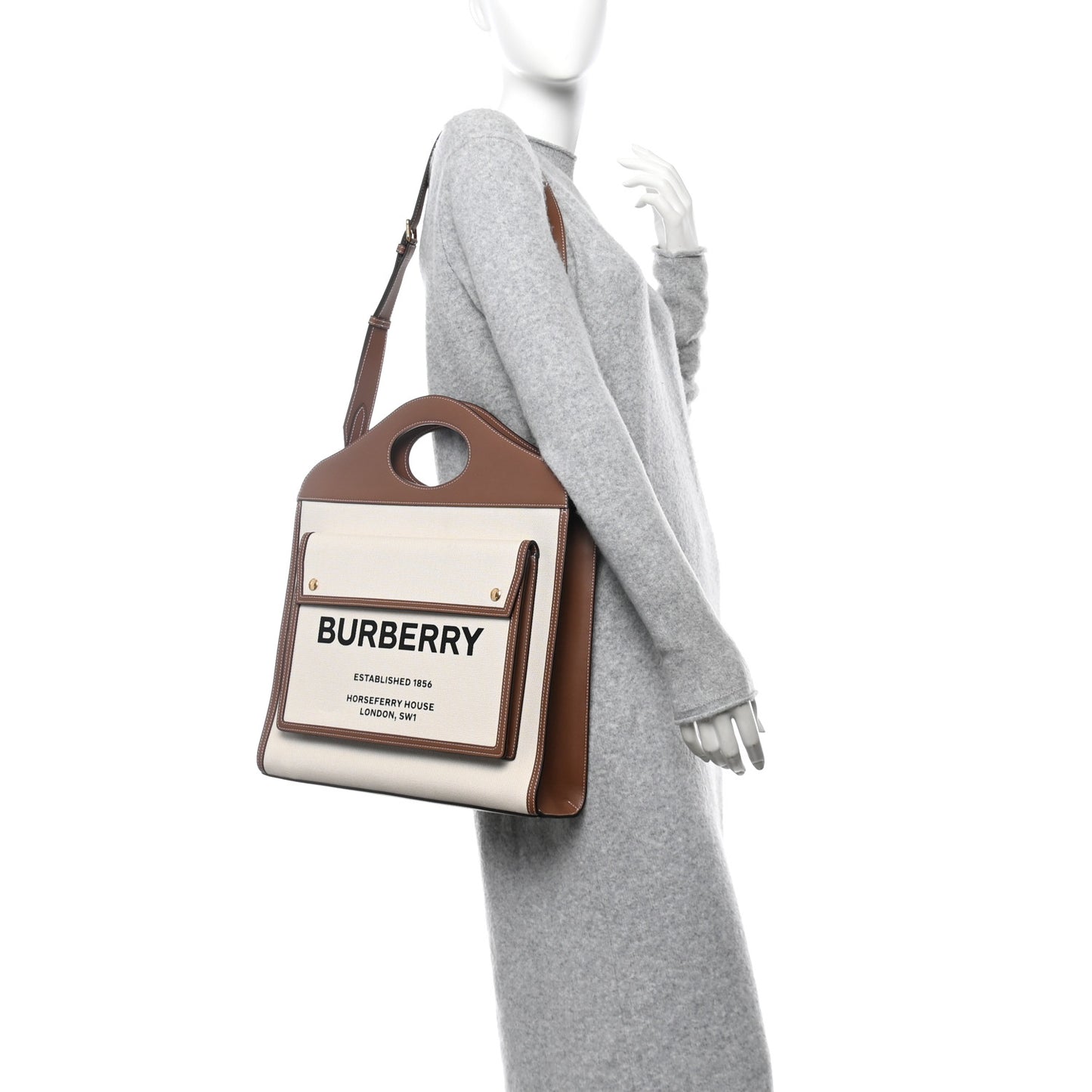 Canvas Smooth Calfskin Two Tone Medium Pocket Bag Natural Malt Brown