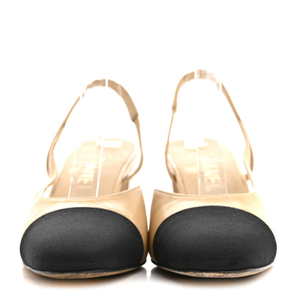 Chanel Goatskin Grosgrain Cap Toe CC Slingback Pumps 37.5 Beige Black 3 of 10