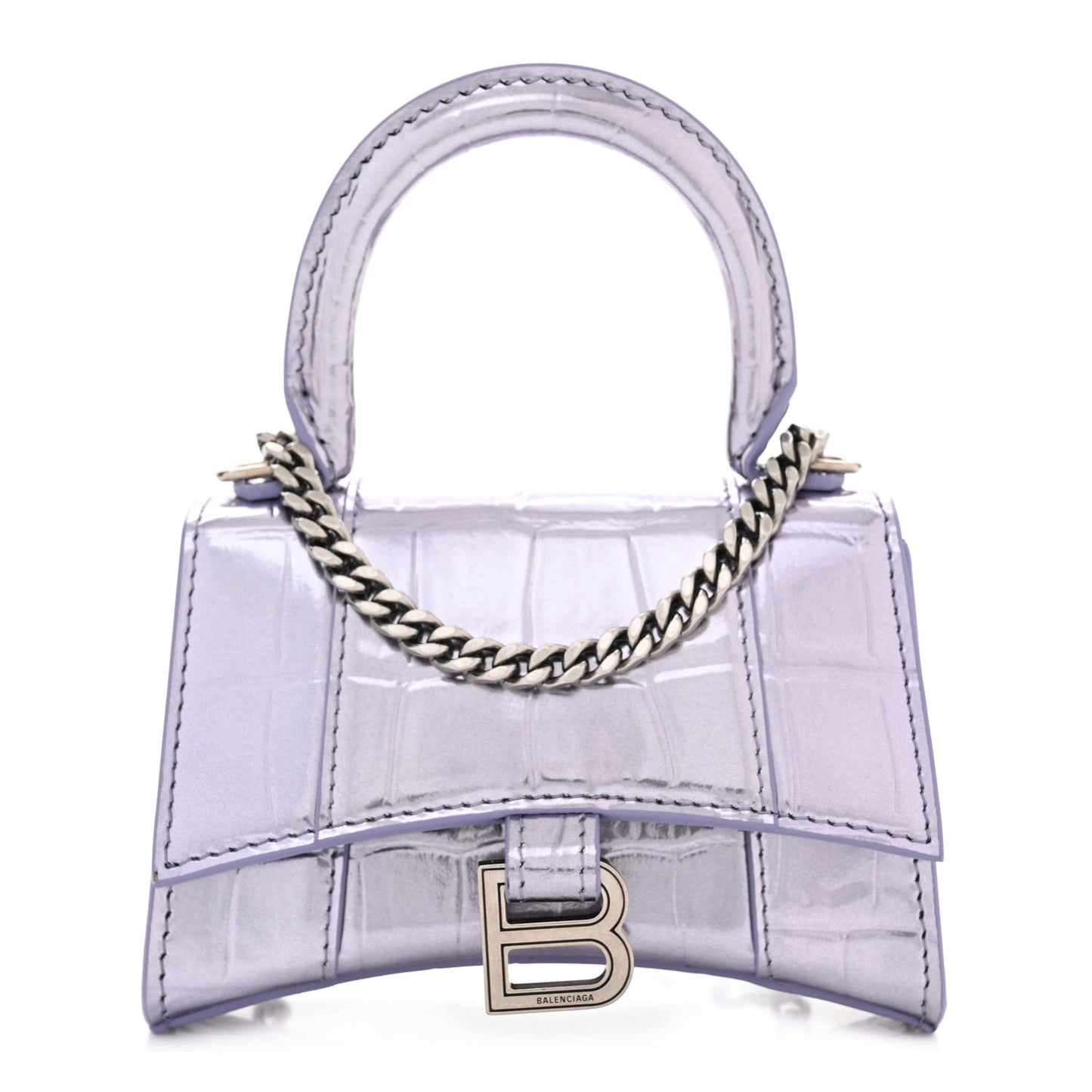 Metallic Calfskin Crocodile Embossed Hourglass Top Handle Bag Mini with Chain Lilac