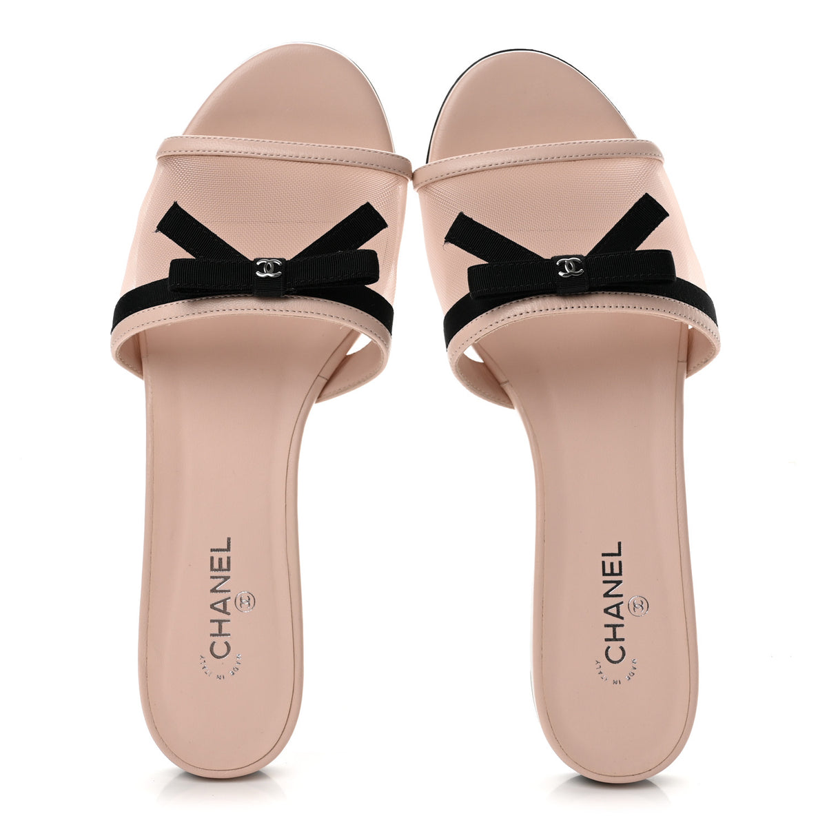 Mesh Lambskin CC Bow Mules 37.5 Pink