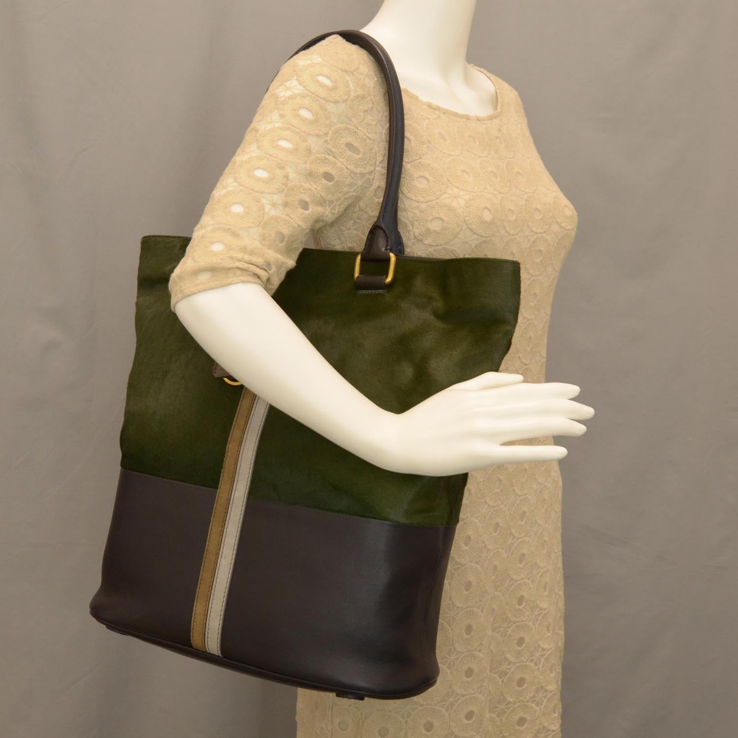 Celine Pony Hair Racer Stripe Tote Green 2 of 7