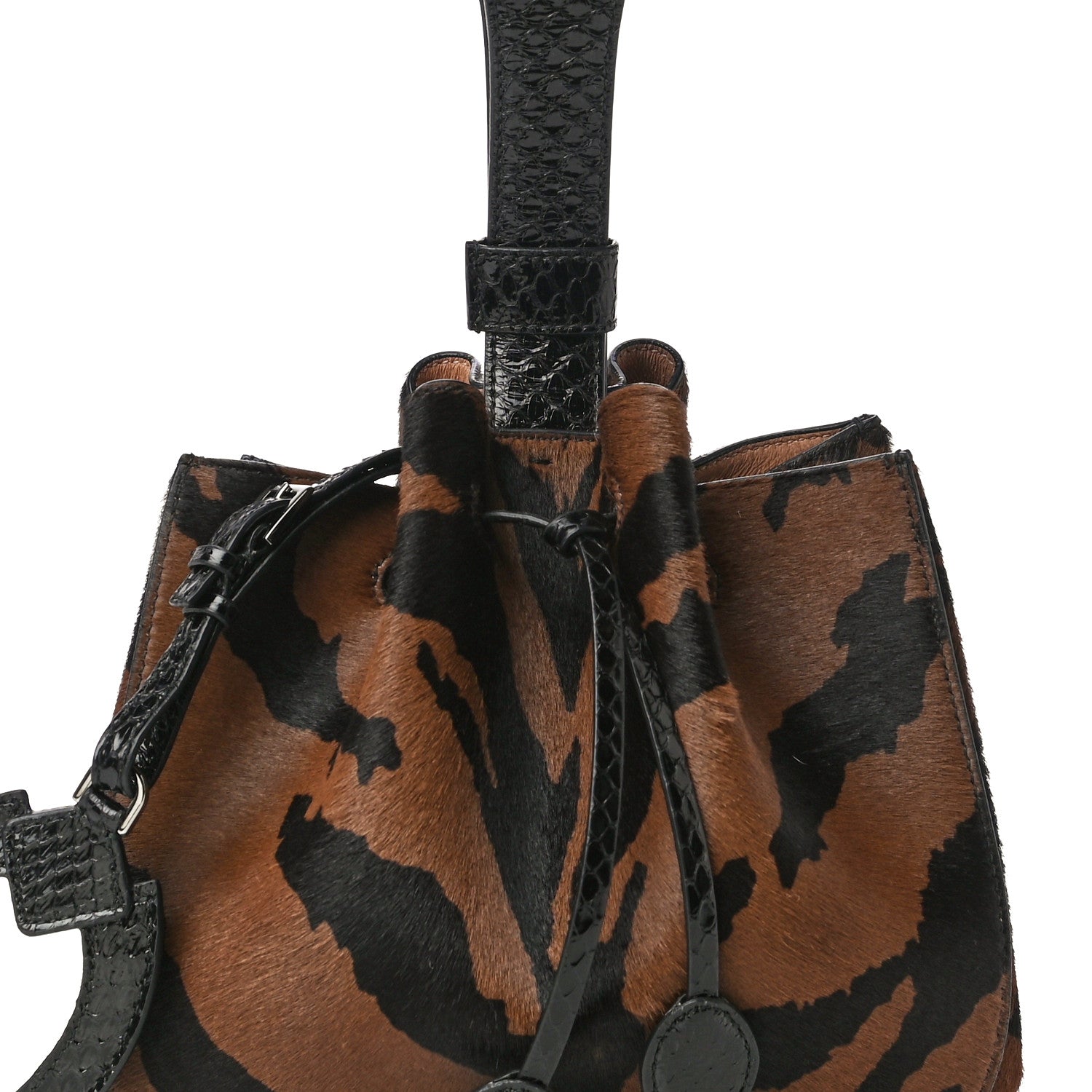 Alaia Calf Hair Bucket Bag Wristlet Brown Black 6 of 10