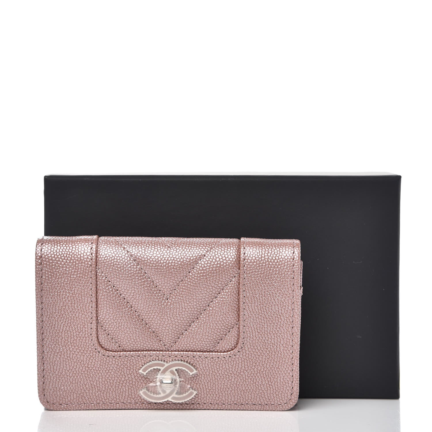 Chanel Metallic Caviar Chevron Quilted Vintage Mademoiselle Card Holder Pink 9 of 9