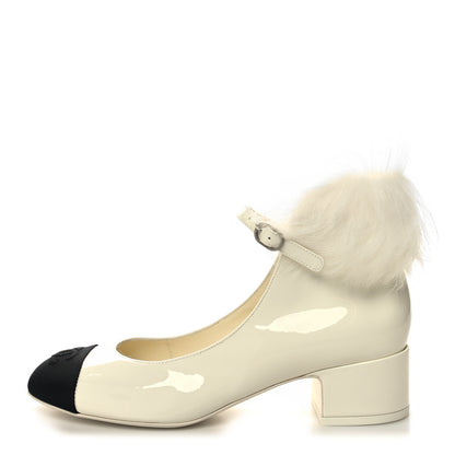 Chanel Patent Shearling Lambskin Grosgrain Cap Toe Mary Jane Low Heel Pumps 39 White Black 1 of 9