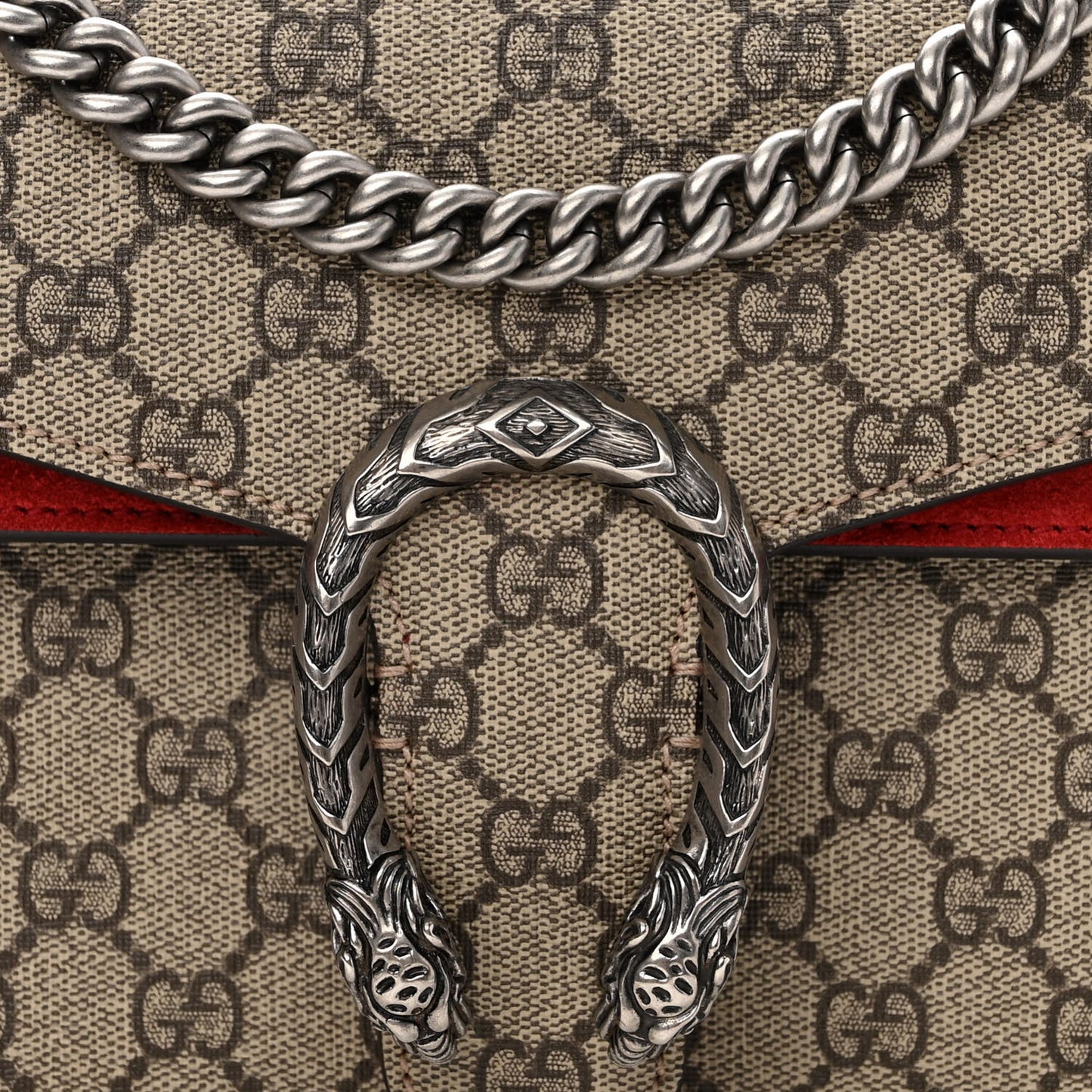 GG Supreme Monogram Suede Small Dionysus Shoulder Bag Beige Ebony Vulcanic Red