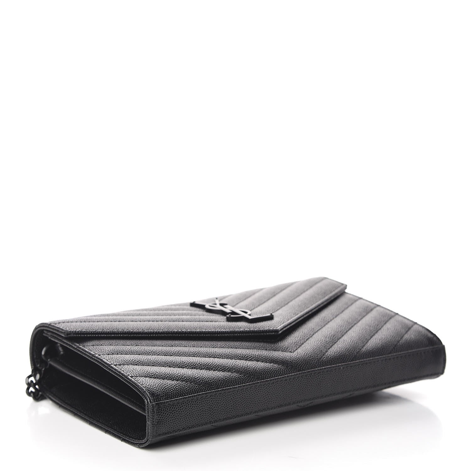 Saint Laurent Grain De Poudre Matelasse Chevron Monogram Chain Wallet Black 4 of 14