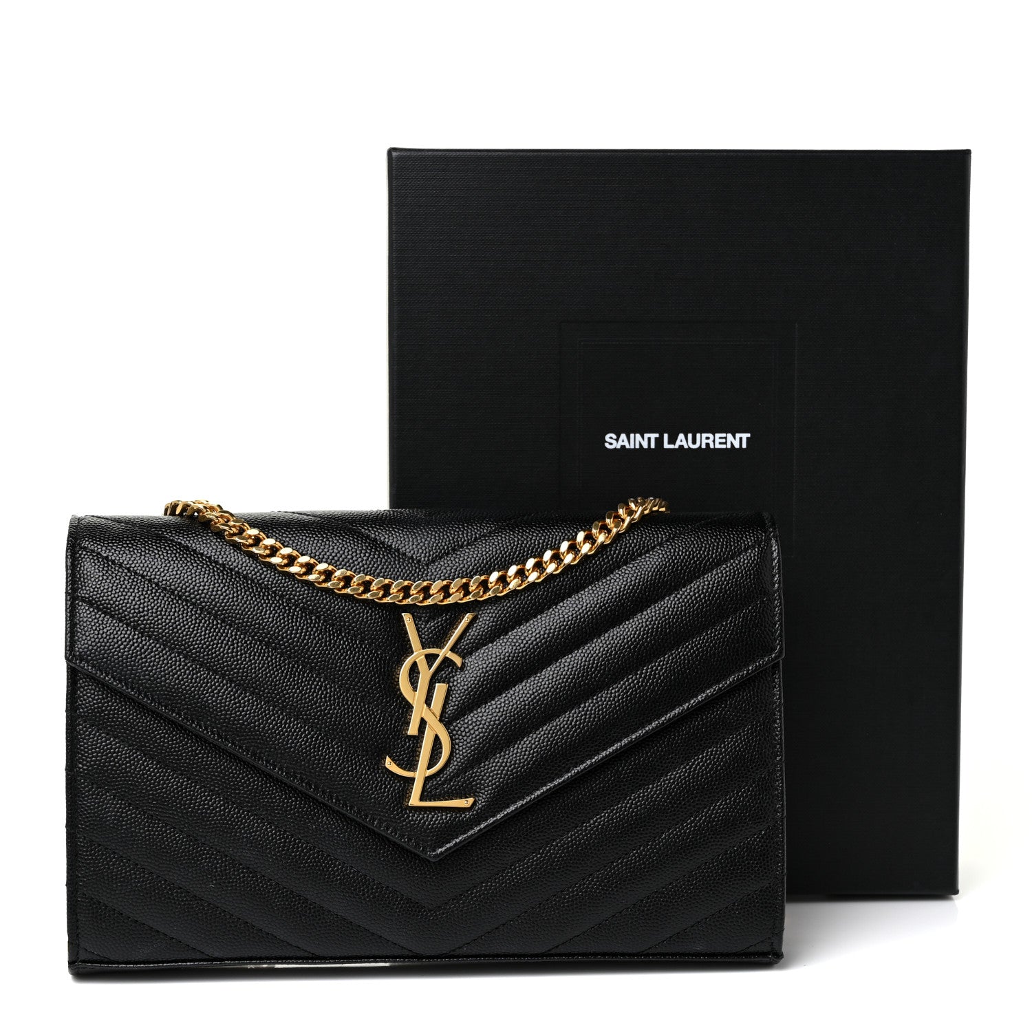 Saint Laurent Grain De Poudre Matelasse Chevron Monogram Chain Wallet Black 19 of 19