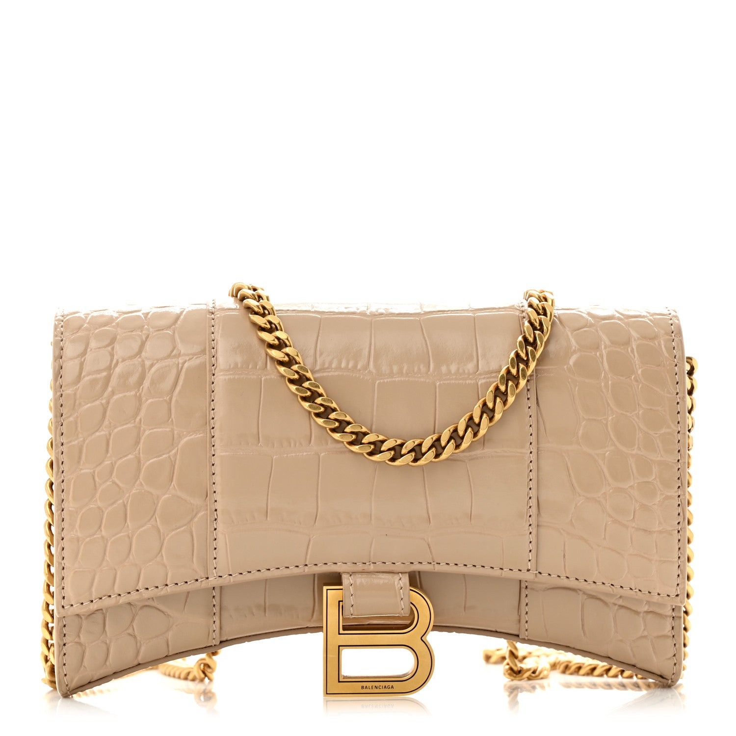 Balenciaga Shiny Calfskin Crocodile Embossed Hourglass Chain Bag Nude Beige 1 of 11