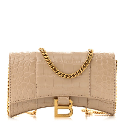 Balenciaga Shiny Calfskin Crocodile Embossed Hourglass Chain Bag Nude Beige 1 of 11