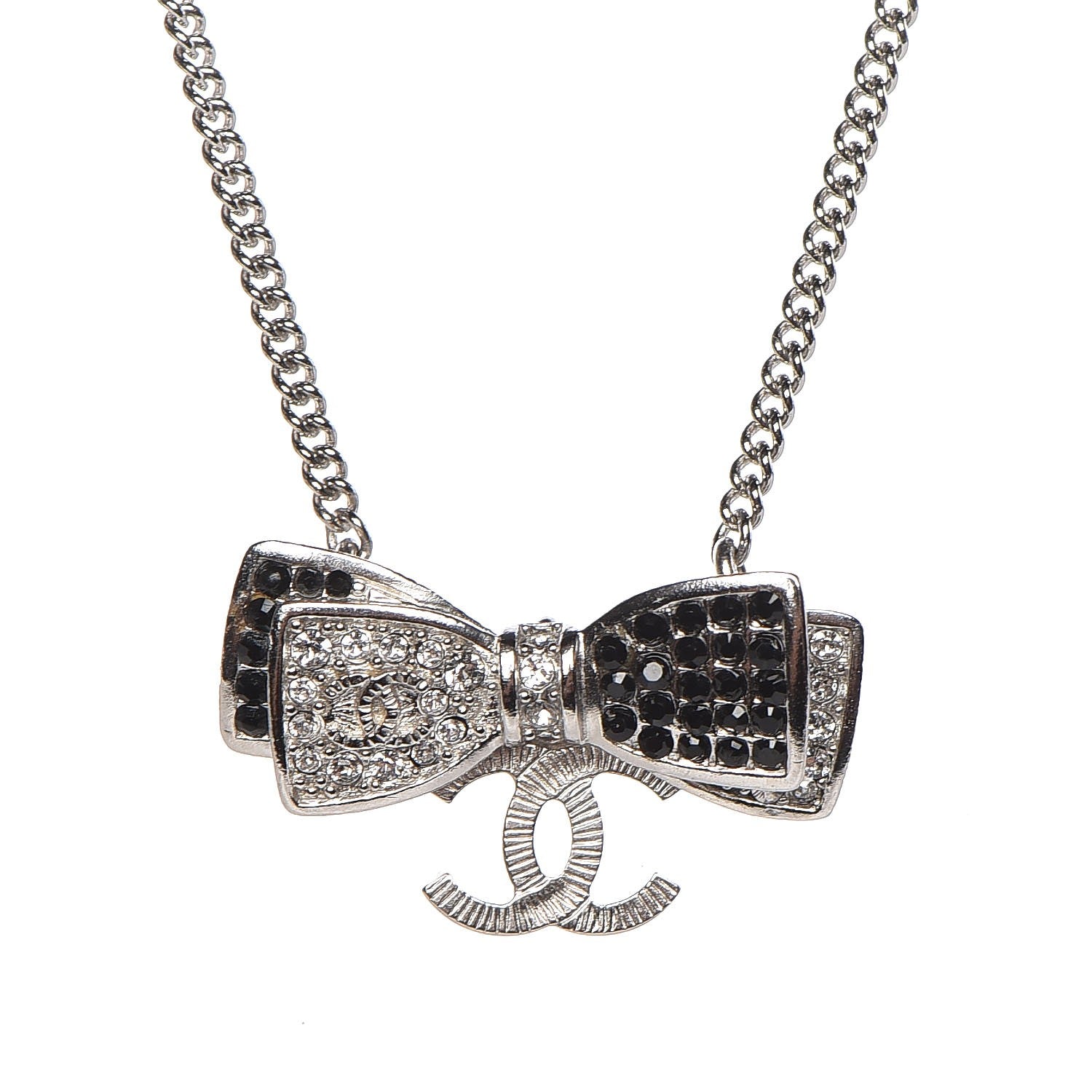 Chanel Crystal CC Bow Necklace Silver Black 5 of 5