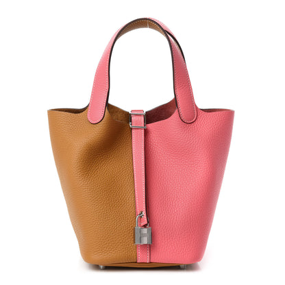 Hermes Taurillon Clemence Casaque Picotin 18 PM Rose Azalee Sesame 1 of 10