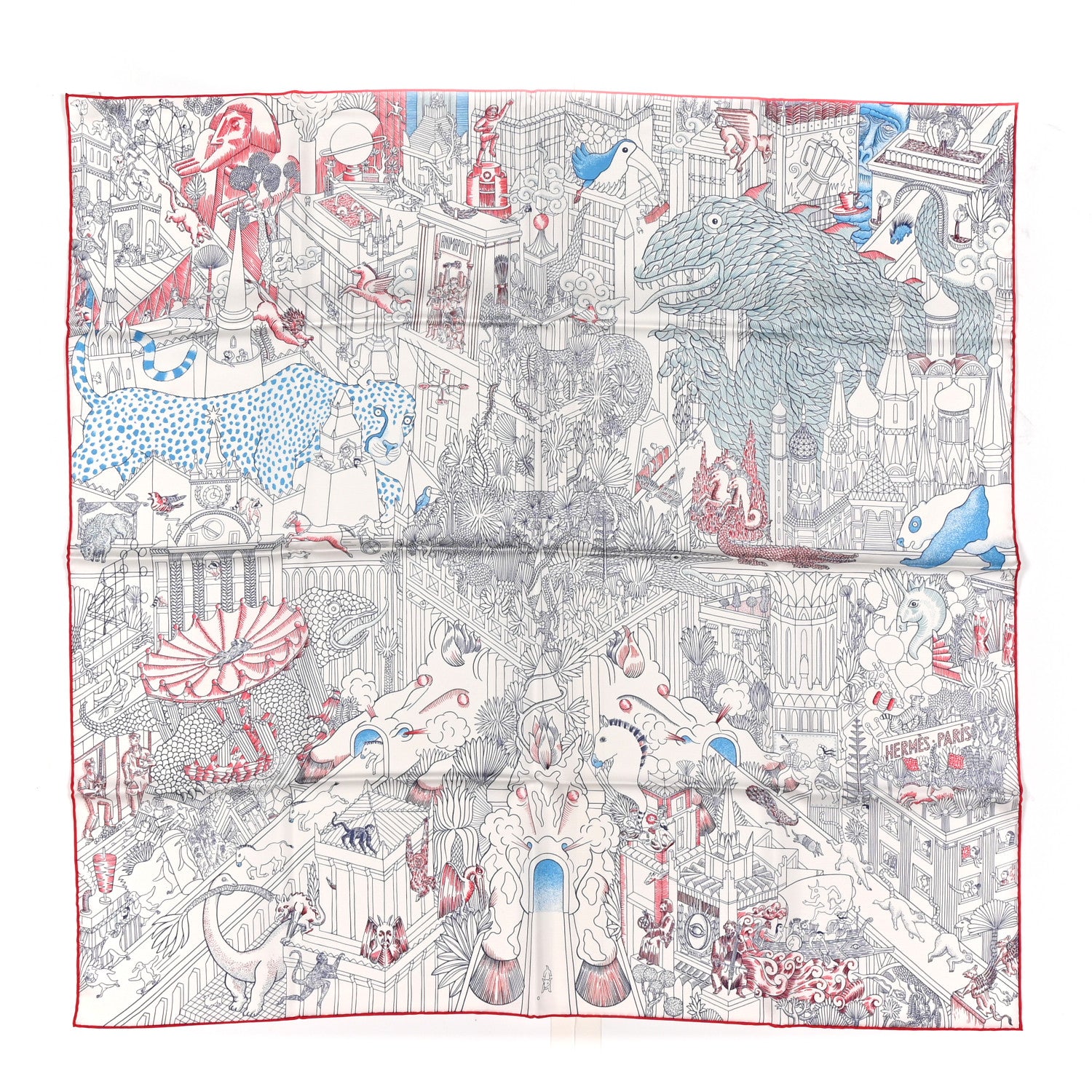 Hermes Silk Animapolis Scarf 90 White Bleu Azur Rouge 1 of 4