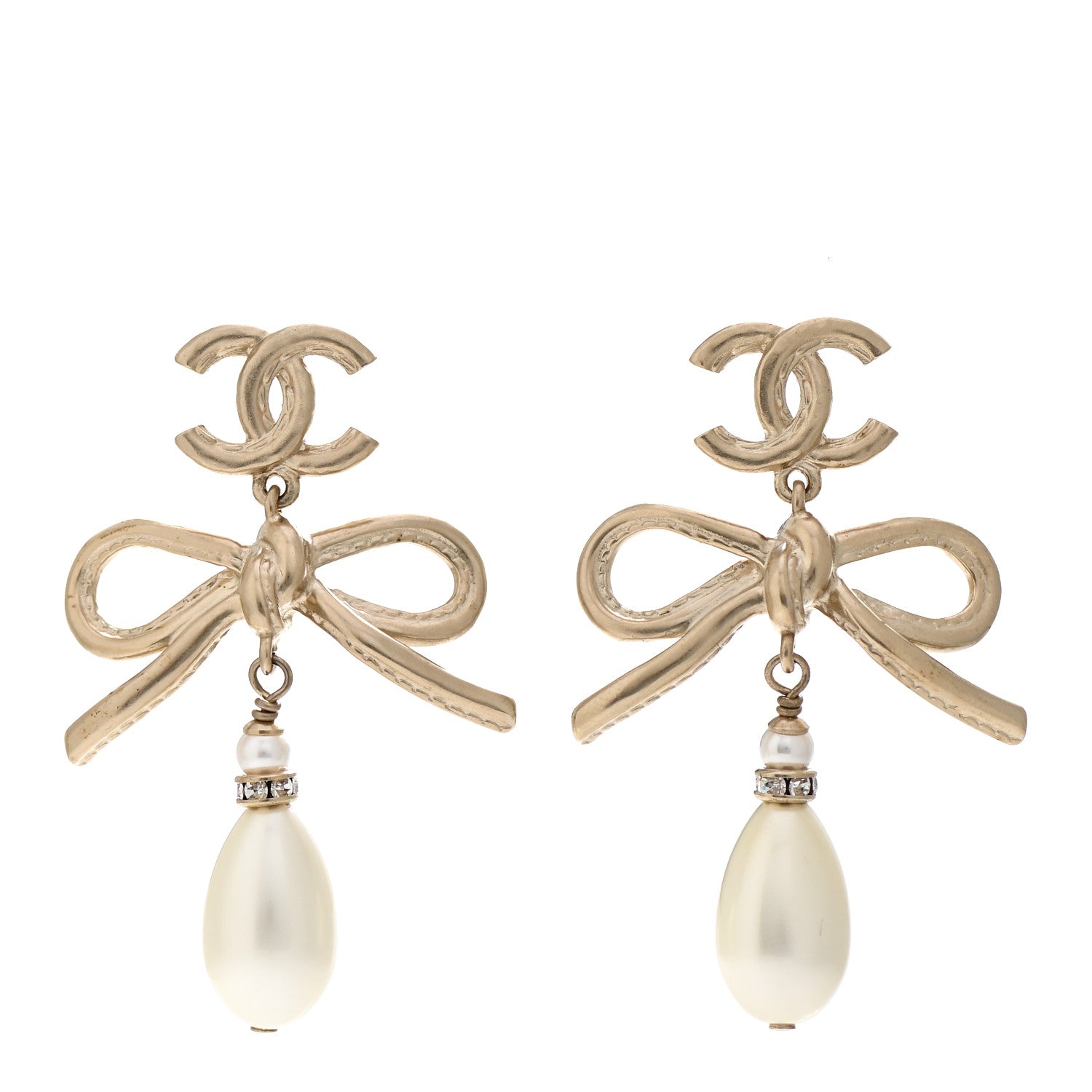Chanel Pearl Crystal CC Bow Drop Earrings Gold Pearly White 1 of 5