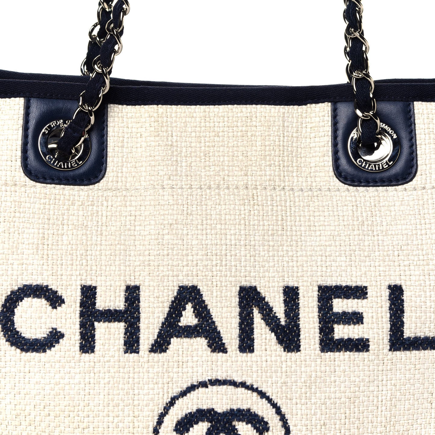 Woven Straw Raffia Small Deauville Tote White Navy