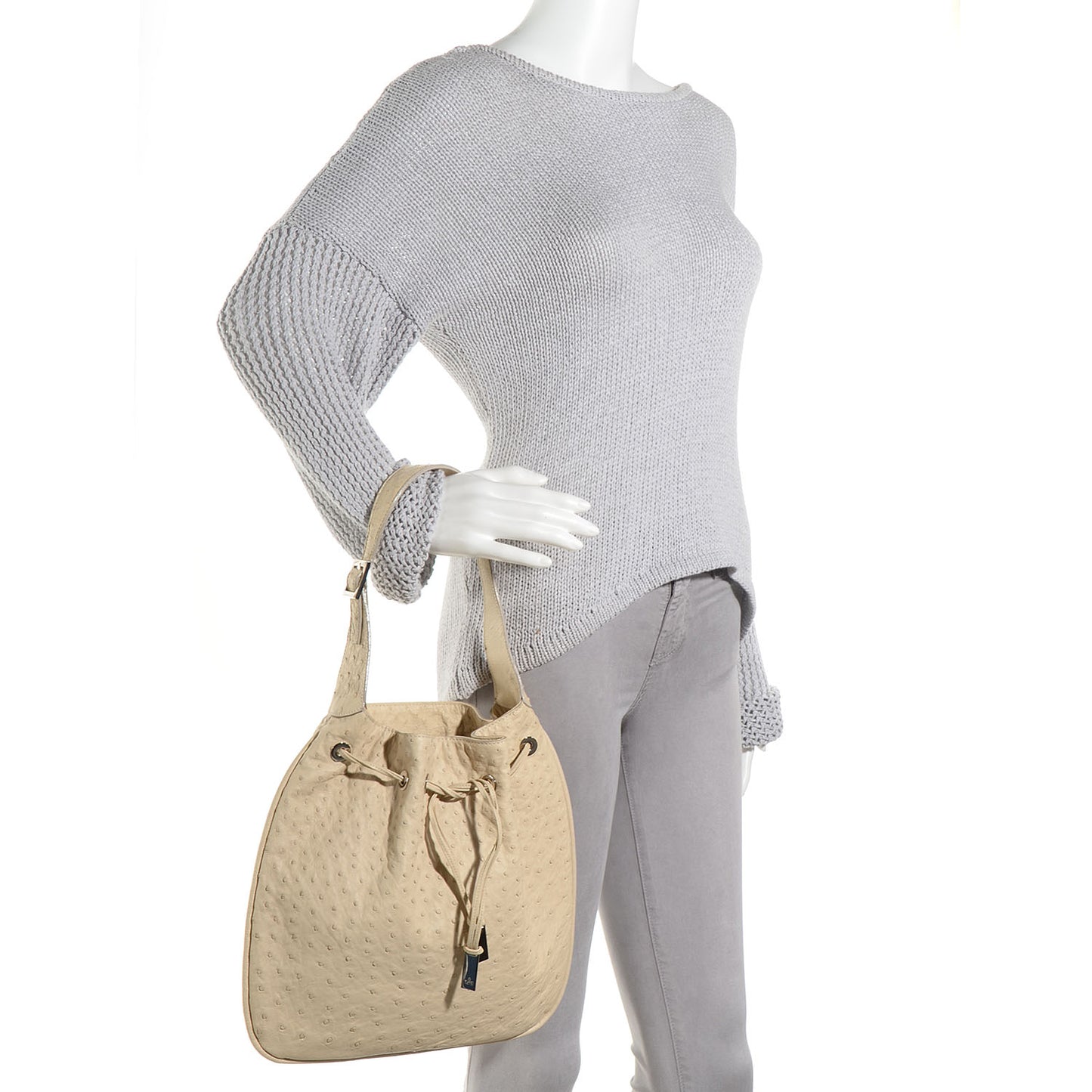 Ostrich Drawstring Hobo Off White