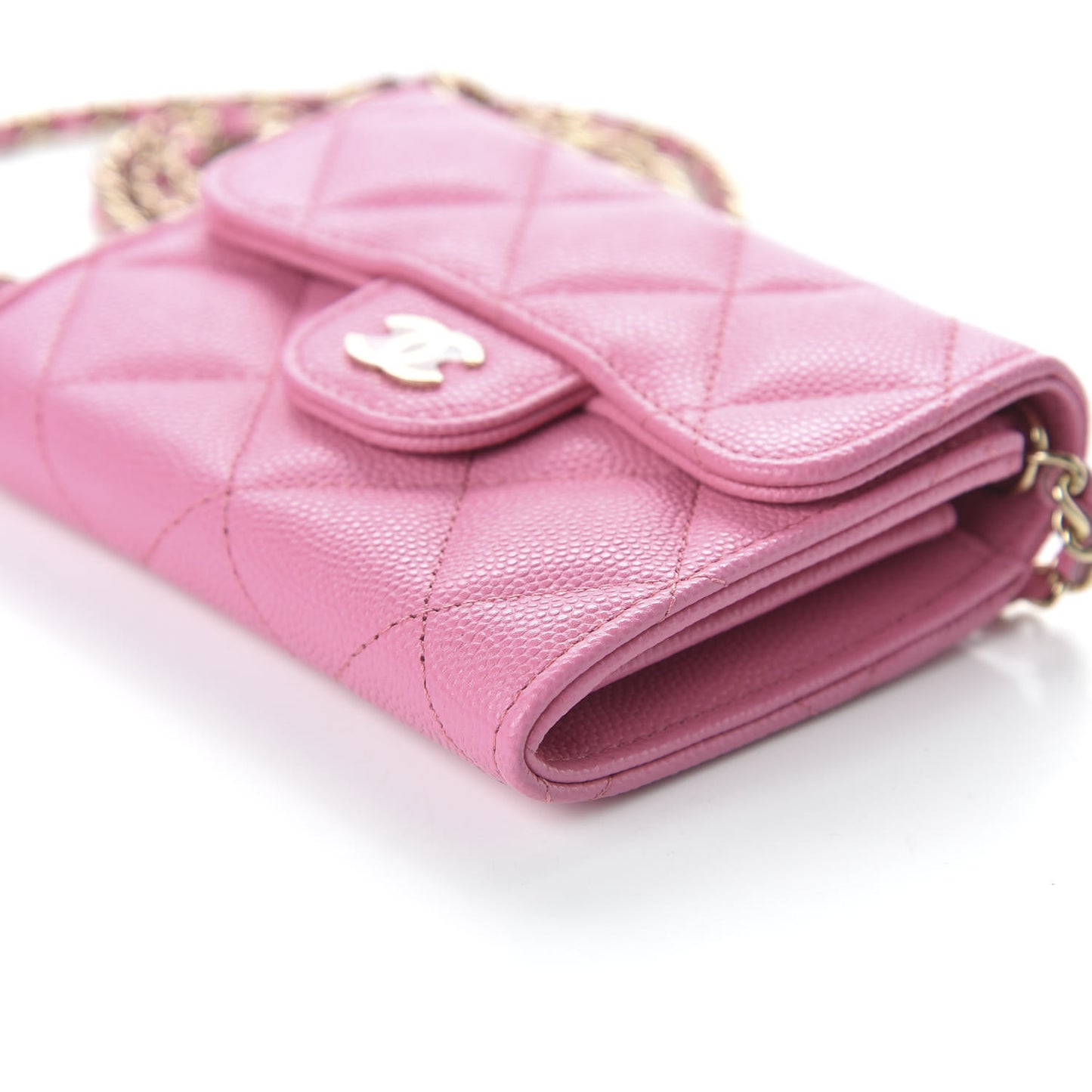 Caviar Quilted Flap Card Holder On Chain Pink