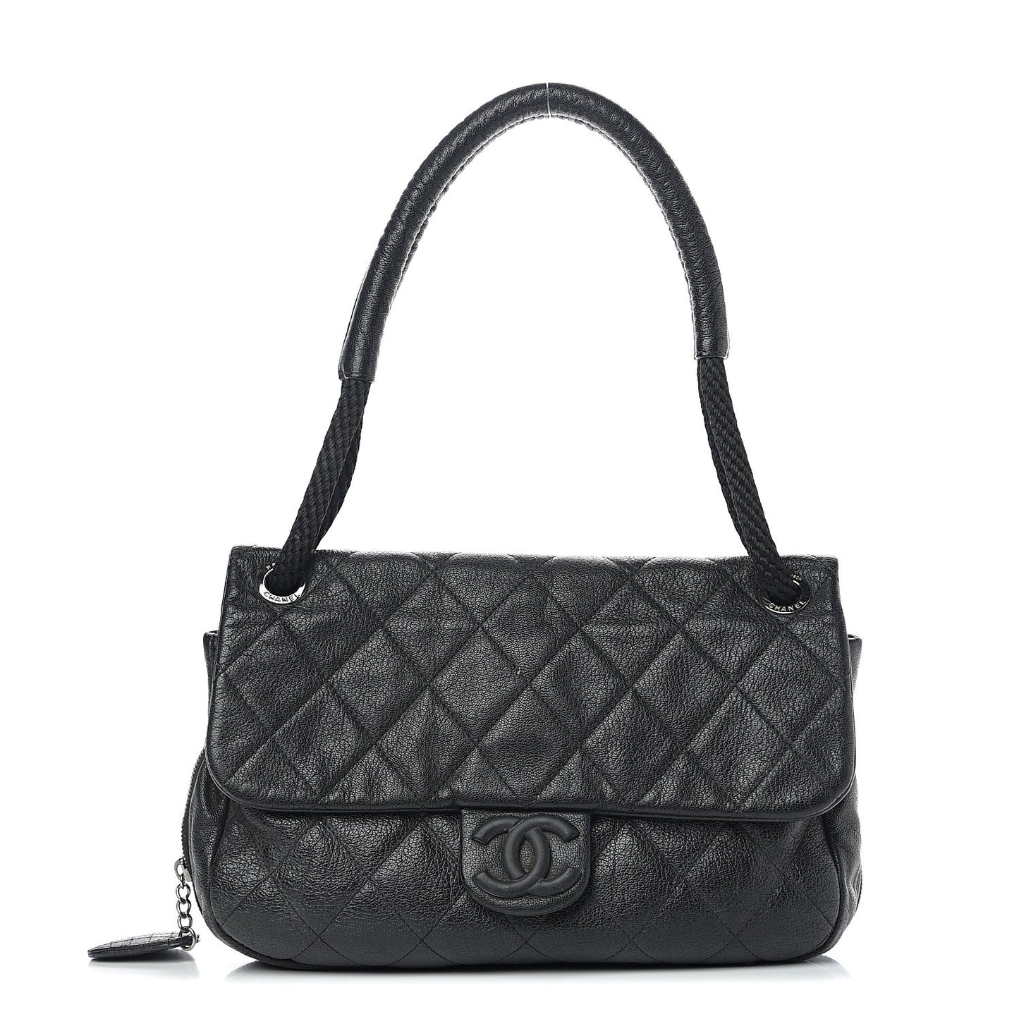 Calfskin Quilted Expandable Zip Flap Shoulder Bag Black