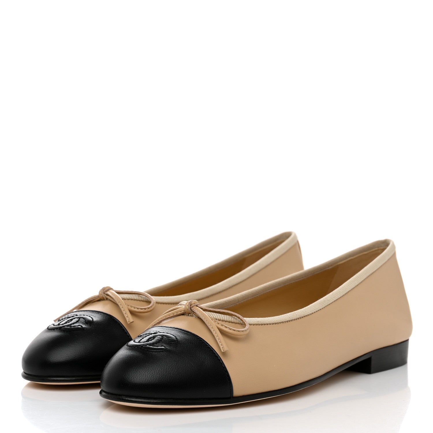 Chanel Lambskin Cap Toe CC Ballerina Flats 38 Beige Black 3 of 9
