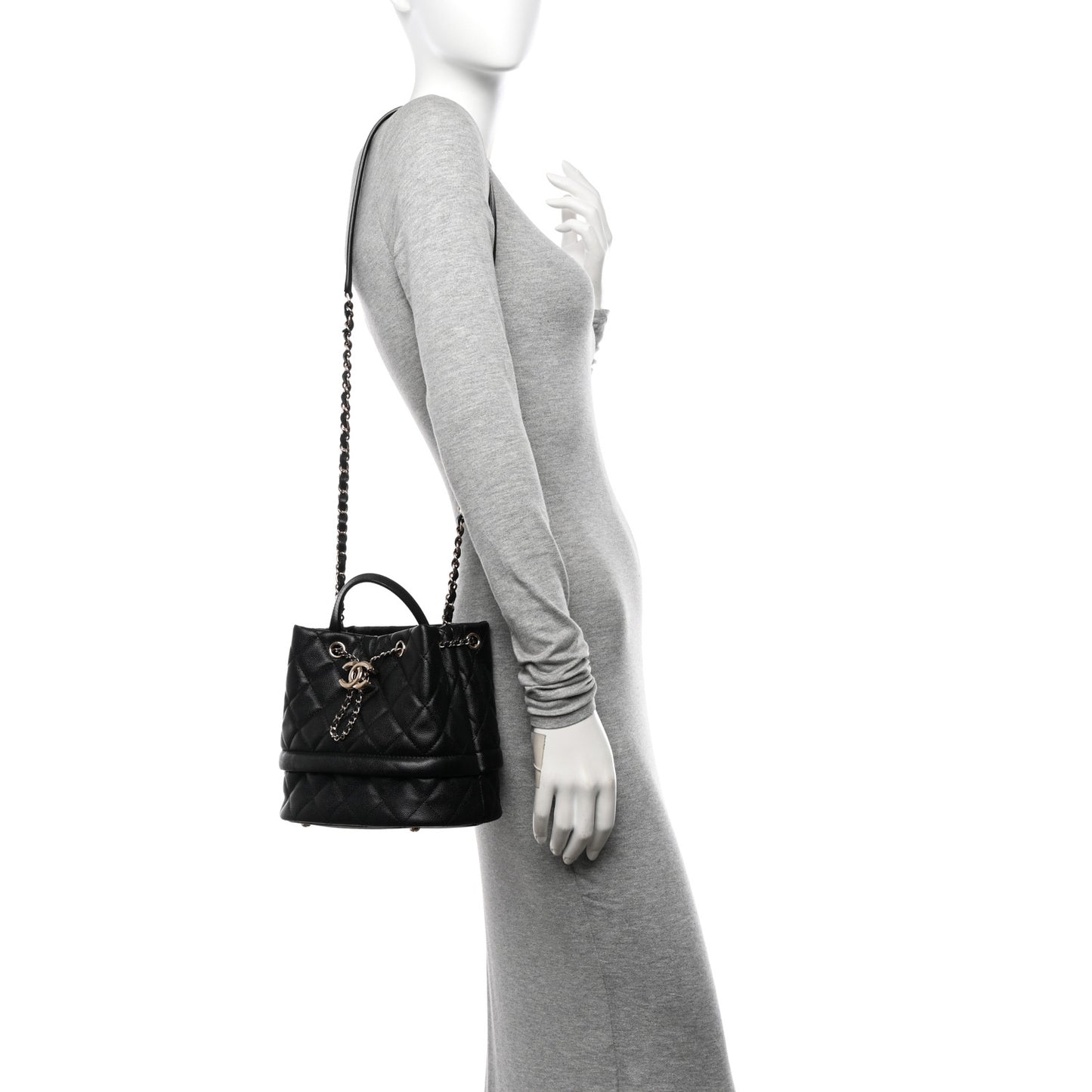 Caviar Quilted Rolled Up Bucket Drawstring Bag Black