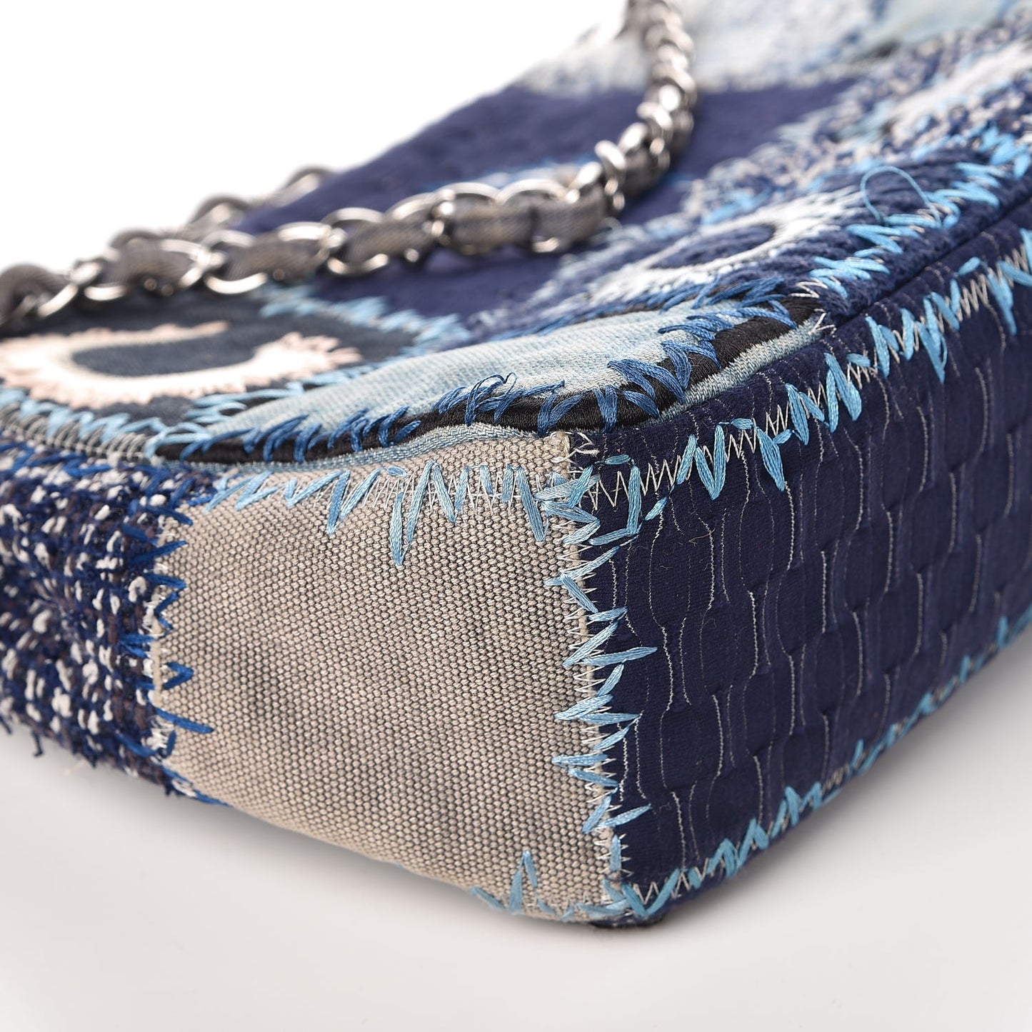 Denim Tweed Patchwork Jumbo Single Flap Blue
