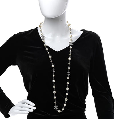 Chanel Graduated Pearl Crystal CC Long Necklace Silver 1 of 5